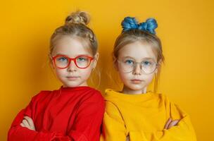 ai generado dos linda niño en lentes con brazos doblada foto