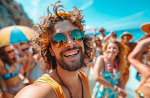 ai generado turista tomando selfie en el playa con Gafas de sol foto