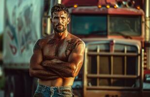 AI generated truck driver with shirt off standing in front of truck photo