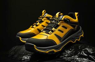 AI generated yellow and black shoes are shown on a black background photo