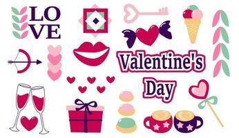 Set of Valentine's Day symbols, postcard, heart, inscription love, banner template vector illustration.