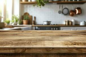 AI generated wood kitchen counter with blurred white background photo