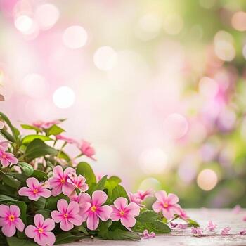 AI generated spring advertisment natural nackground with flowers, bokeh lights and copy space photo