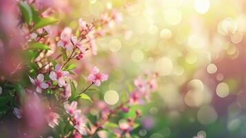 AI generated spring advertisment natural nackground with flowers, bokeh lights and copy space photo