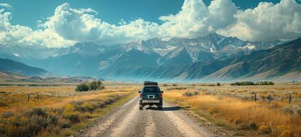 AI generated the suv is parked on a road with mountains in the background photo