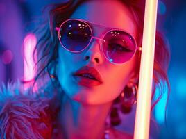 AI generated stylish rock girl in sunglasses holds colorful glow stick photo