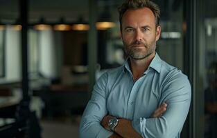 AI generated the attractive businessman with arms crossed in front of an empty office photo