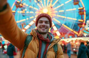 AI generated a man taking a selfie with a ferris wheel in front of him photo
