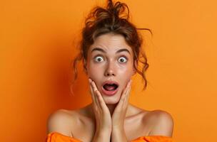 AI generated woman making surprised gesture at the camera on orange background photo