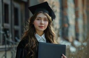 AI generated young female student wearing black cap and gown holding diploma photo