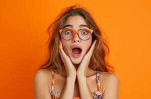 AI generated woman making surprised gesture at the camera on orange background photo