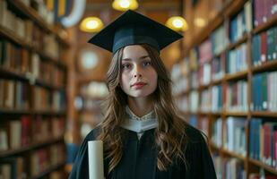 AI generated young female student wearing black cap and gown holding diploma photo