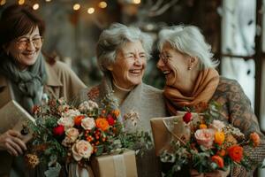 ai generado mujer riendo participación un ramo de flores con dos mujer participación regalos juntos foto