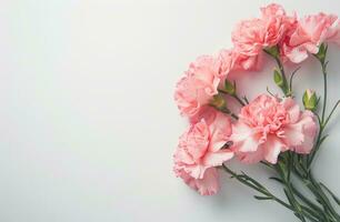 AI generated a bouquet of pink carnations is placed in a frame on white flat photo