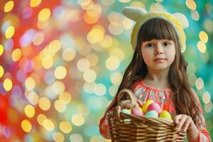 ai generado joven niña participación Pascua de Resurrección conejito sombrero participación un cesta de Pascua de Resurrección huevos foto