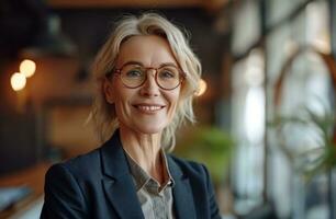 AI generated woman in business suit is smiling in office photo