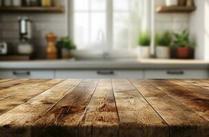 AI generated wood kitchen counter with blurred white background photo