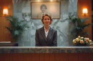 AI generated woman in a suit standing at the front desk of her office photo