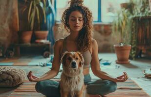 AI generated woman doing yoga and looks at dog photo