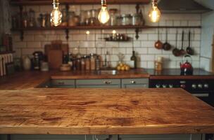 AI generated wooden countertop in kitchen with light bulbs kitchen photo