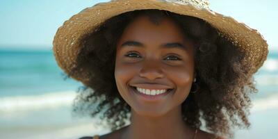 AI generated young black woman wearing hat smiles at the beach photo