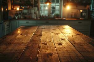 AI generated wooden table in kitchen close up with lights photo