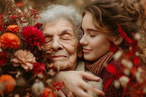 AI generated younger ladies hugging older woman photo