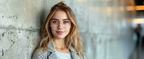 ai generado un joven mujer de negocios en lentes es utilizando su teléfono, foto