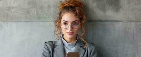 AI generated a young businesswoman in glasses is using her phone, photo