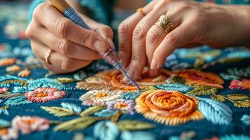 AI generated woman embroiders a flower with multi-colored threads photo