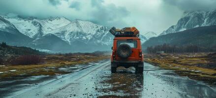 AI generated vehicle with luggage on a country road with mountains in the background photo