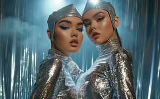 AI generated two women in silver outfits posing photo