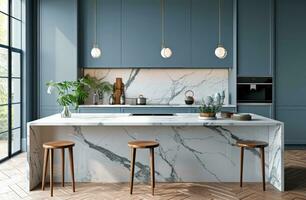 AI generated white marble countertop with blue cabinets and stools photo