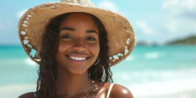 AI generated young black woman wearing hat smiles at the beach photo