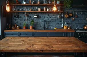 AI generated wooden countertop in kitchen with light bulbs kitchen photo