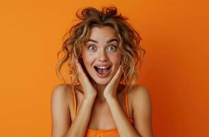 AI generated woman making surprised gesture at the camera on orange background photo