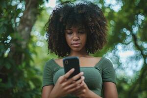 AI generated young afro american woman holding a phone outdoors photo