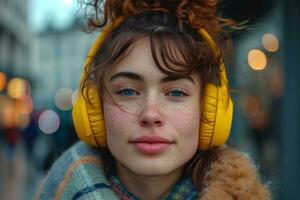 AI generated young woman wearing yellow headphones photo