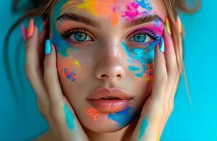 AI generated a beautiful young woman with multicolored nails showing her skin, pop art consumer culture, photo