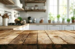 AI generated wood kitchen counter with blurred white background photo