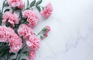 ai generado un ramo de flores de rosado claveles es metido en un marco en blanco plano foto