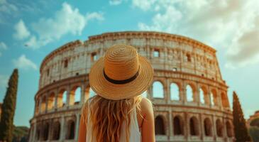 ai generado mujer participación mochila mirando a Roma horizonte con ciudad puntos de vista, foto