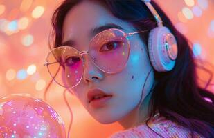 ai generado mujer vistiendo auriculares y disco pelota foto