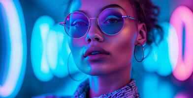AI generated woman model in neon sunglasses hd photography, photo