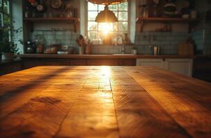 AI generated wooden table in kitchen close up with lights photo