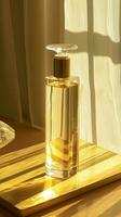 AI generated a bottle of cream sitting on a gold board photo