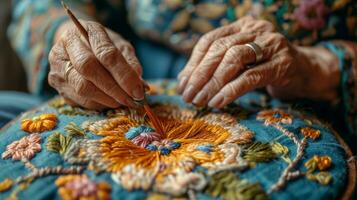 AI generated woman embroiders a flower with multi-colored threads photo