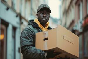 ai generado joven africano hombre participación un cartulina caja en el calle foto