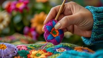 ai generado mujer borda un flor con multicolor hilos foto