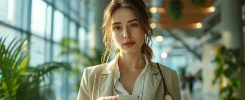 AI generated business woman is holding a cell phone in an office photo